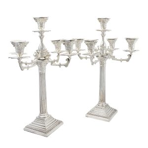 A Pair of Five Light Silver Plated Corinthian Column Candelabra